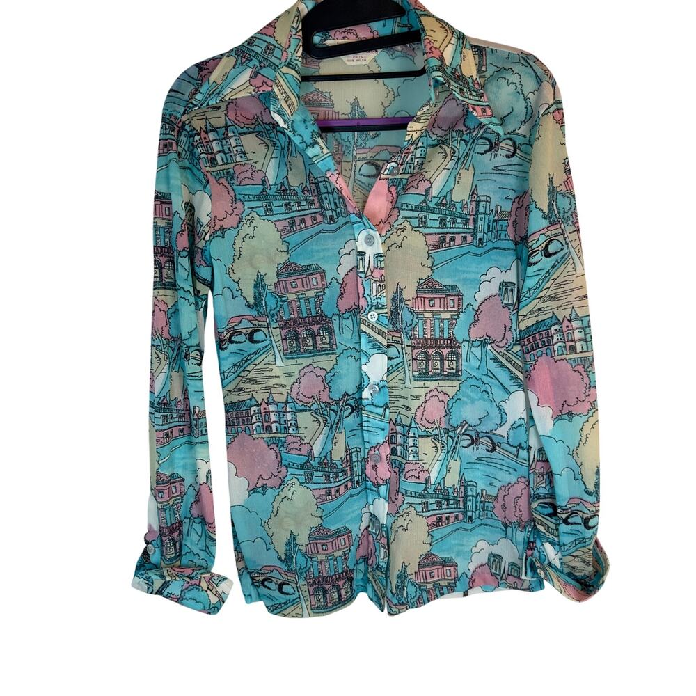 Vintage Y2K Paris Cityscape Mesh Blouse - Elles Belles Nylon Vintage Size 10